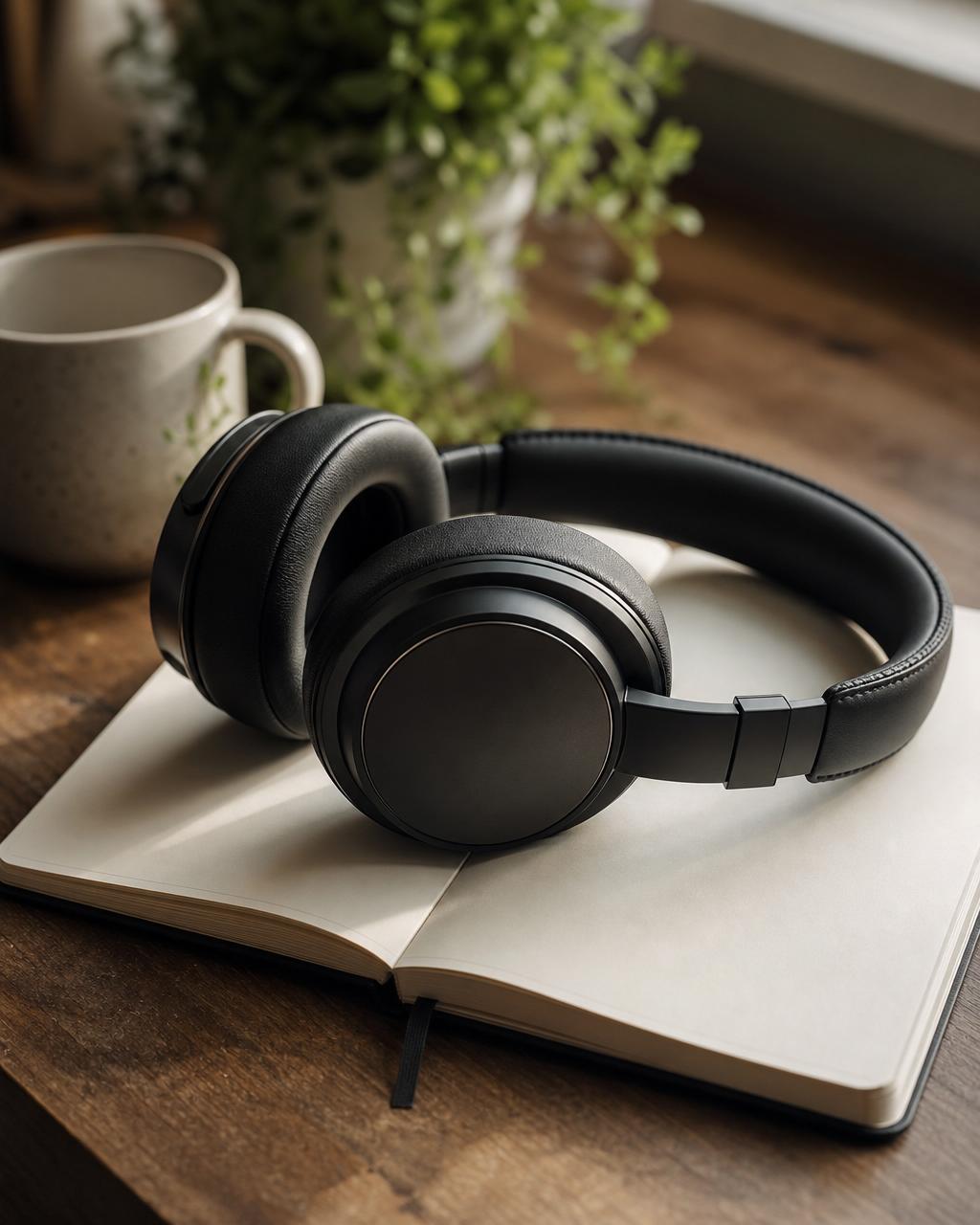 Open notebook with headphones resting on it, lit by warm natural window light